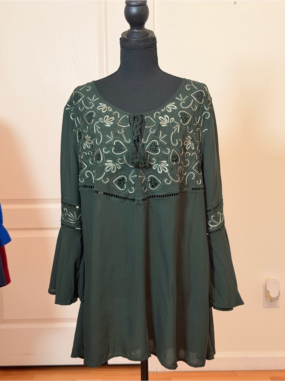 Cato Green Embroidered Boho Tunic Top Long Sleeve XL